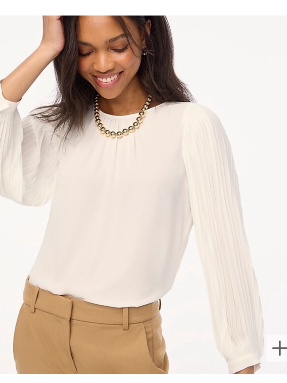 NWT J. Crew White Pleated-Sleeve Blouse Size L Preppy Work